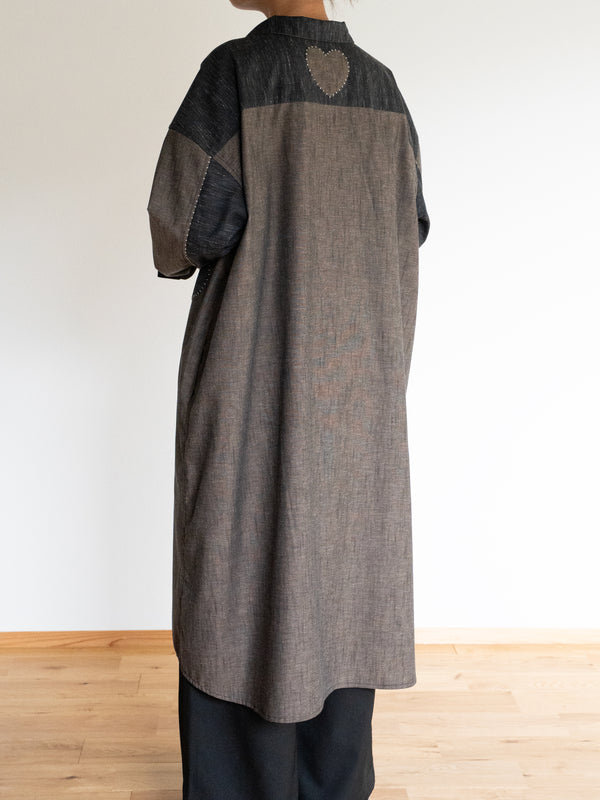 Hand-stitched Sashiko Shirt Dress with Clover Motif No.036