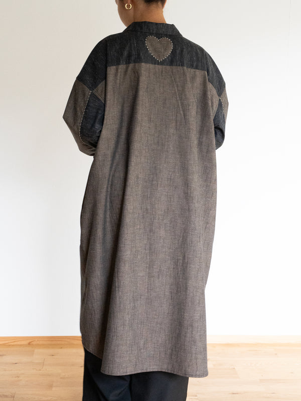 Hand-stitched Sashiko Shirt Dress with Clover Motif No.036