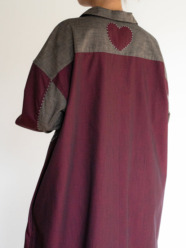 Hand-stitched Sashiko Shirt Dress with Flower Motif No.035