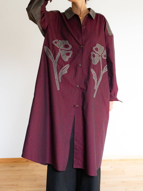 Hand-stitched Sashiko Shirt Dress with Flower Motif No.035