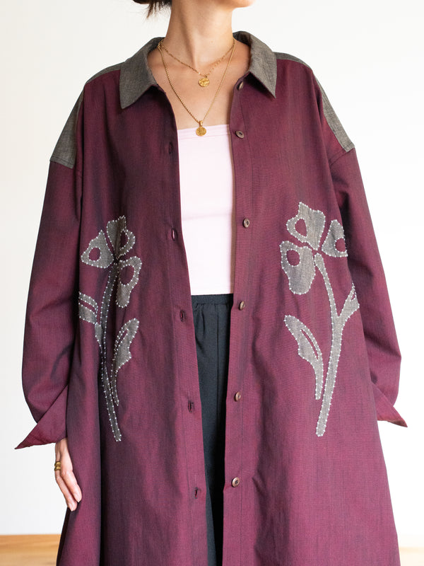 Hand-stitched Sashiko Shirt Dress with Flower Motif No.035