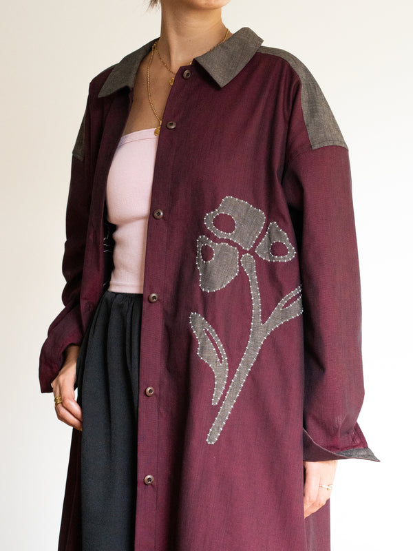 Hand-stitched Sashiko Shirt Dress with Flower Motif No.035