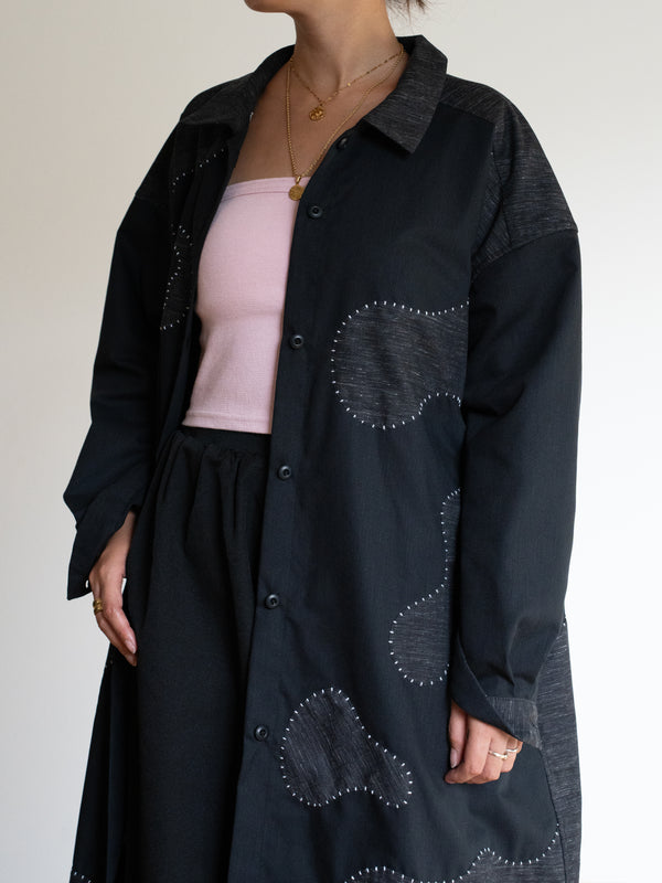 Hand-stitched Sashiko Shirt Dress with Wave Motif No.037