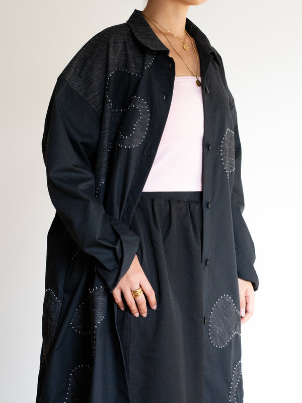 Hand-stitched Sashiko Shirt Dress with Wave Motif No.037