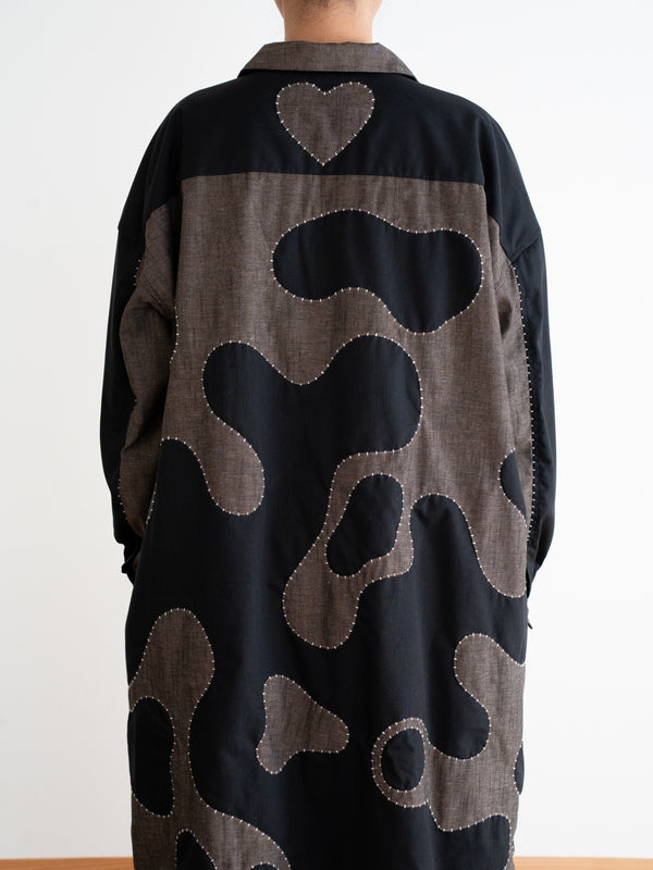 Hand-stitched Sashiko Shirt Dress with Wave Motif No.038