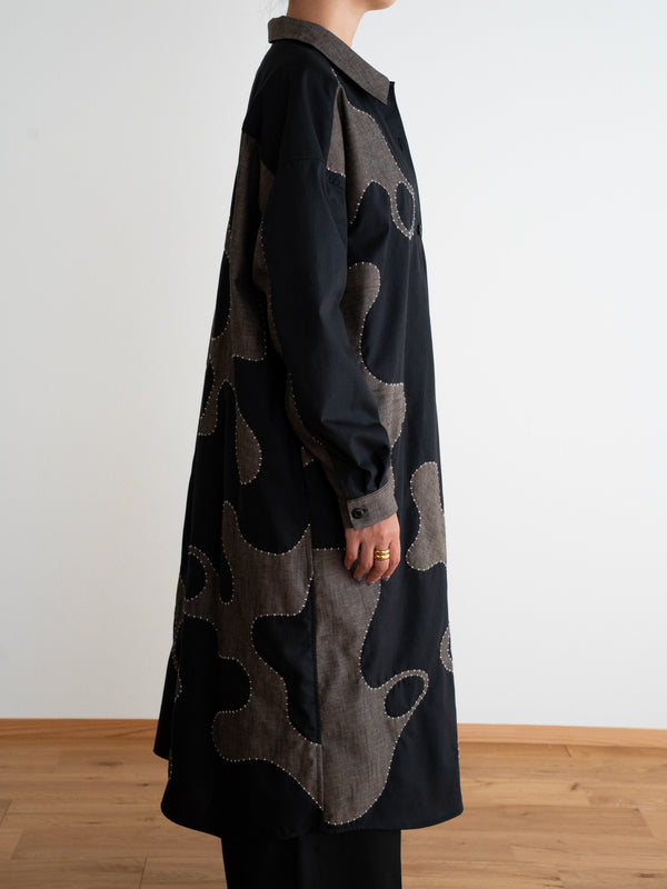 Hand-stitched Sashiko Shirt Dress with Wave Motif No.038