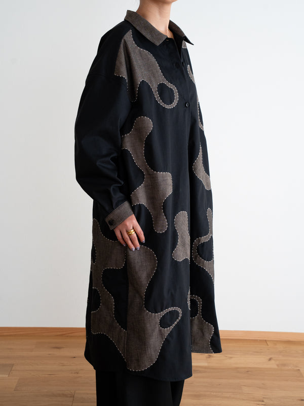 Hand-stitched Sashiko Shirt Dress with Wave Motif No.038