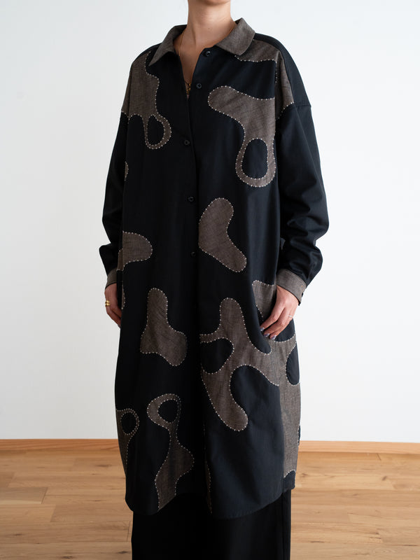 Hand-stitched Sashiko Shirt Dress with Wave Motif No.038