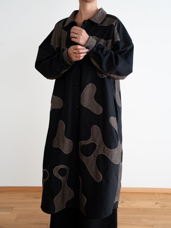 Hand-stitched Sashiko Shirt Dress with Wave Motif No.038