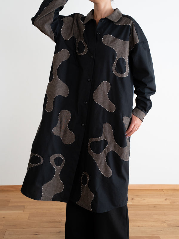 Hand-stitched Sashiko Shirt Dress with Wave Motif No.038