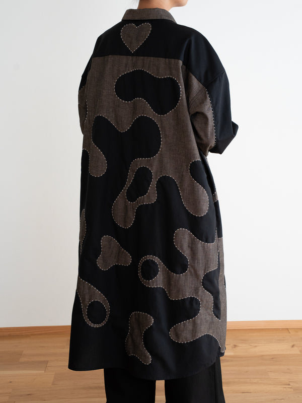 Hand-stitched Sashiko Shirt Dress with Wave Motif No.038