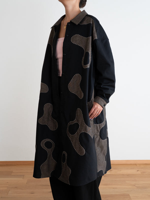 Hand-stitched Sashiko Shirt Dress with Wave Motif No.038