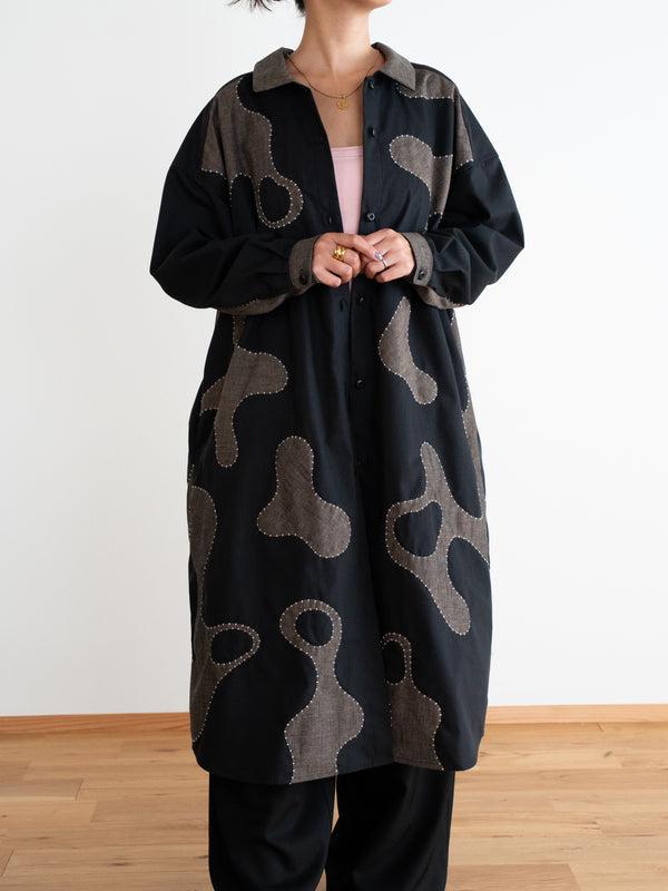 Hand-stitched Sashiko Shirt Dress with Wave Motif No.038
