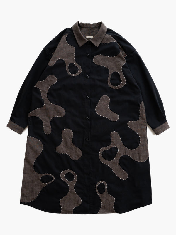 Hand-stitched Sashiko Shirt Dress with Wave Motif No.038