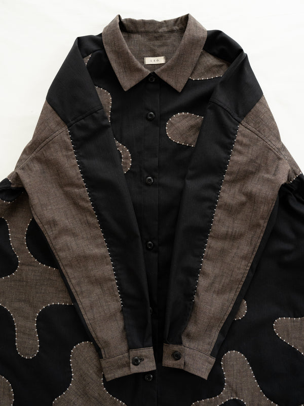 Hand-stitched Sashiko Shirt Dress with Wave Motif No.038