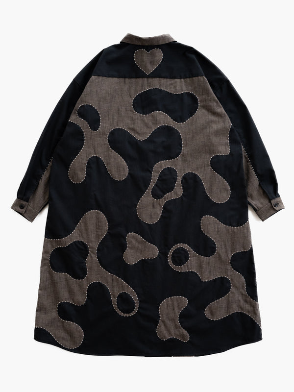 Hand-stitched Sashiko Shirt Dress with Wave Motif No.038