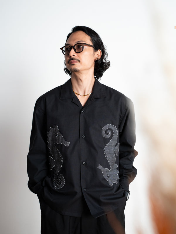 Hand-stitched Sashiko Shirt with Seahorse Motif No.039