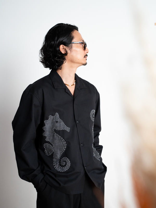 Hand-stitched Sashiko Shirt with Seahorse Motif No.039