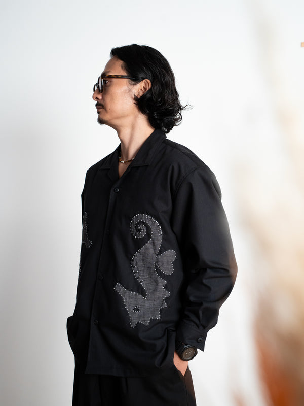 Hand-stitched Sashiko Shirt with Seahorse Motif No.039