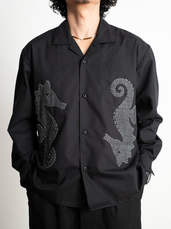 Hand-stitched Sashiko Shirt with Seahorse Motif No.039