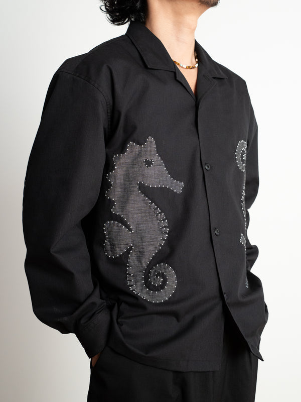Hand-stitched Sashiko Shirt with Seahorse Motif No.039