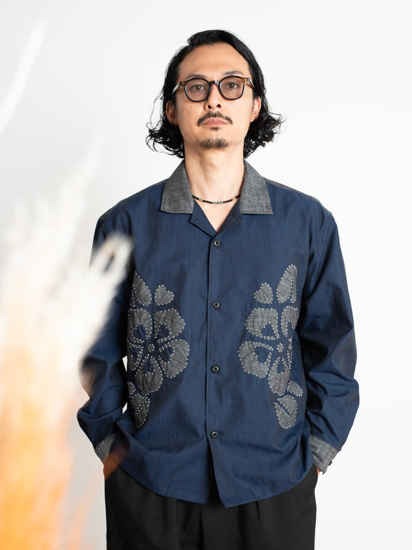 Hand-stitched Sashiko Shirt with Cherry blossom Motif No.040