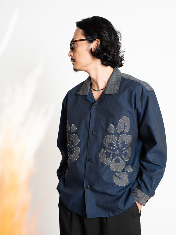 Hand-stitched Sashiko Shirt with Cherry blossom Motif No.040