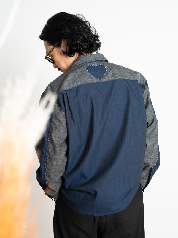 Hand-stitched Sashiko Shirt with Cherry blossom Motif No.040