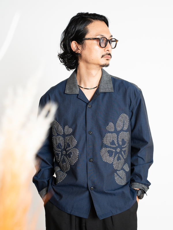 Hand-stitched Sashiko Shirt with Cherry blossom Motif No.040