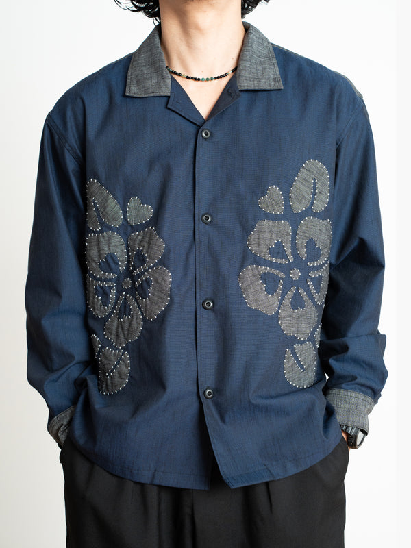 Hand-stitched Sashiko Shirt with Cherry blossom Motif No.040