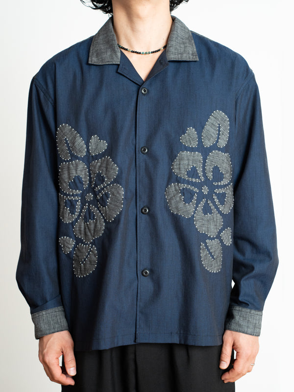 Hand-stitched Sashiko Shirt with Cherry blossom Motif No.040