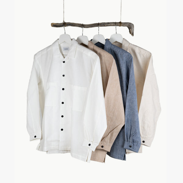 Open collar shirt / brown organic cotton / BEIGE