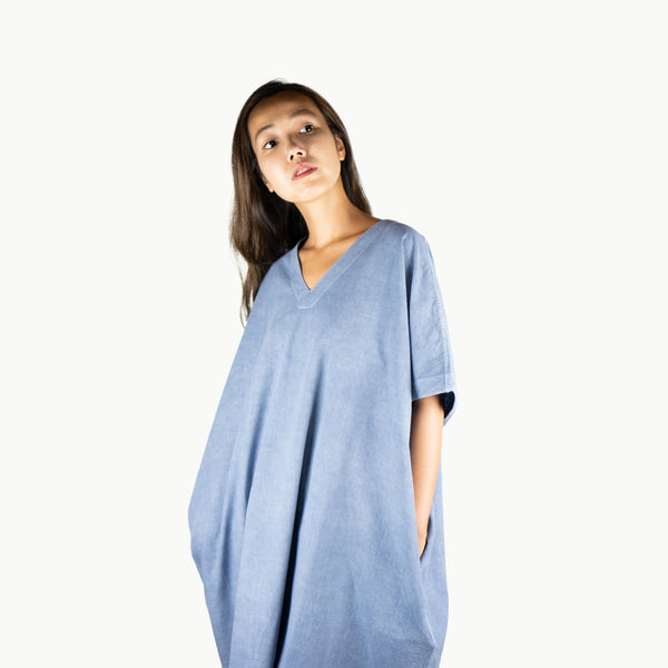 Indigo dyed dress short sleeve / organic cotton / BLUE