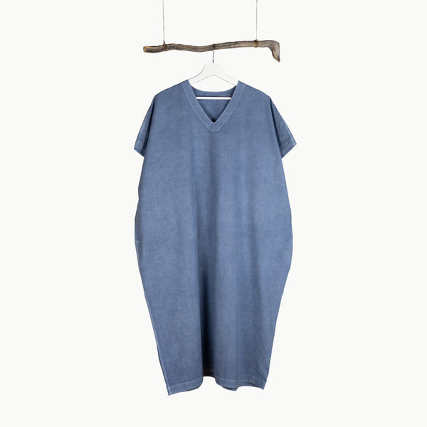 Indigo dyed dress short sleeve / organic cotton / BLUE